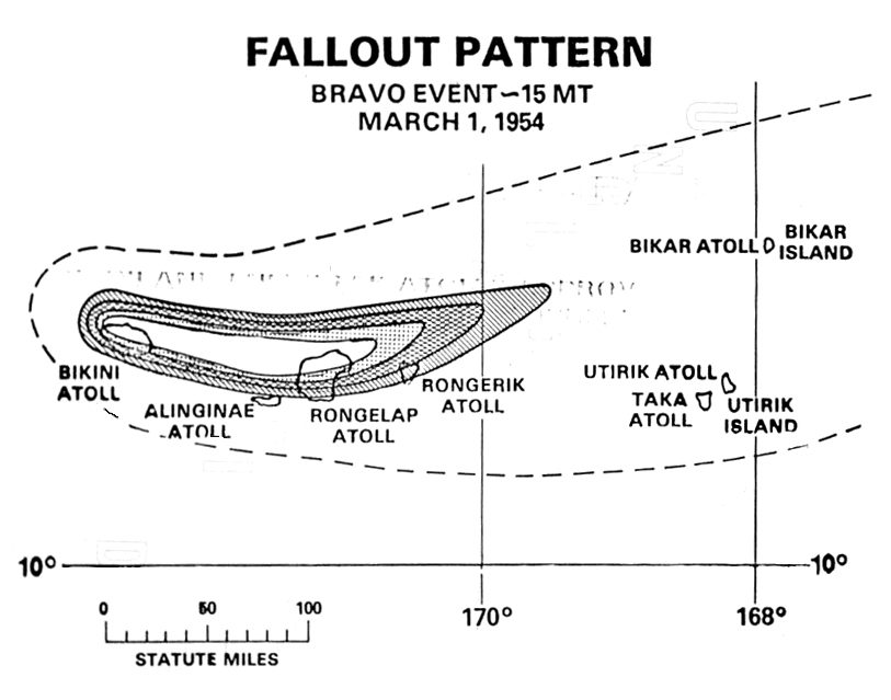 Map of the Castle Bravo fallout pattern over the Marshall Islands
