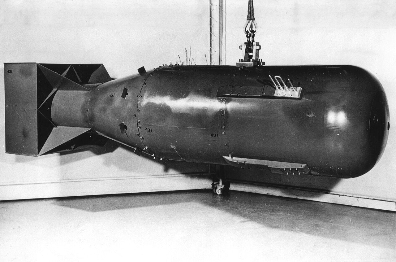 The Little Boy atomic bomb on its handling cradle